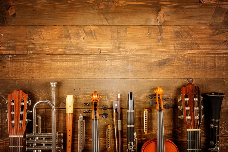 Lined up musical instruments