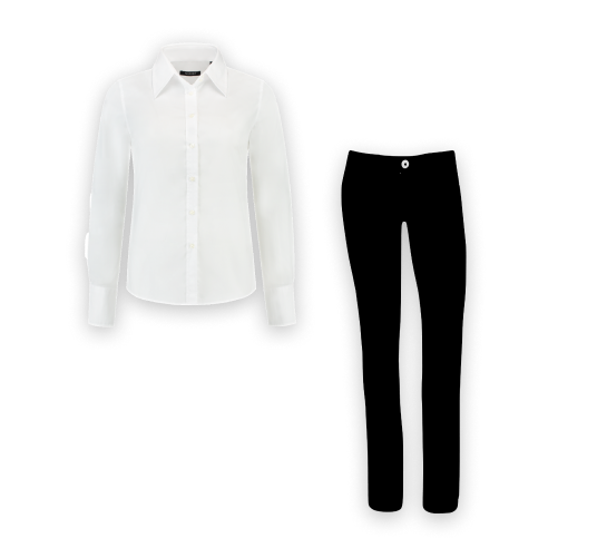 simple white shirt and black trousers